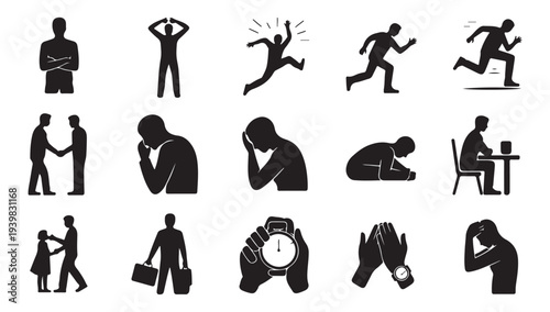 Set of human emotion and action pictograms in black silhouette design