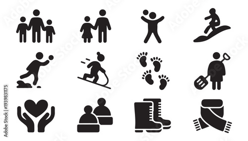 Set of black and white cartoon icon designs featuring families, winter activities, and cold clothing