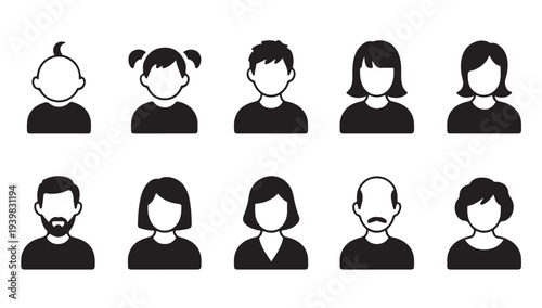 Diverse collection of person profile icons from baby to adult in varied hairstyles