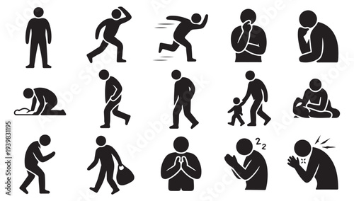 Set of black human silhouette icons representing various emotions and physical states