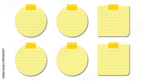 Set of yellow sticky notes in circular and square shapes, affixed with yellow tape, on a white background