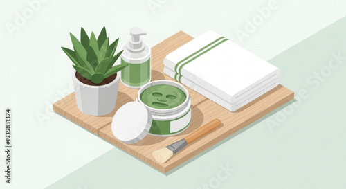 Spa day essentials arranged on wooden board with aloe vera plant facial cream lotion bottle and towels in soothing green and white hues