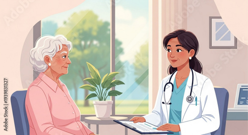Female doctor in white lab coat consulting with elderly woman in medical office setting with natural light