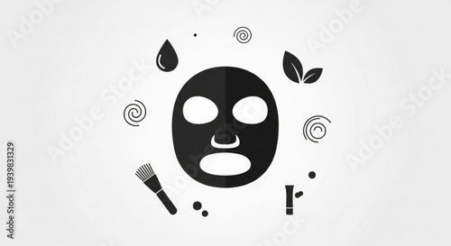 Spa facial mask illustration with brush leaves and decorative elements in minimalist black and white design for wellness and self care