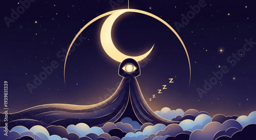 Mysterious figure with glowing eye standing on clouds surrounded by crescent moon and stars in dark blue night sky serene atmosphere prevails
