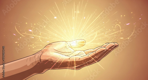 Hand holding glowing light spiritual energy mystical experience divine power warm golden tones soft illumination peaceful ambiance serene