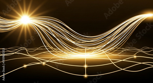 Golden light trails and curves on dark background with starburst effect and glowing lines creating dynamic motion