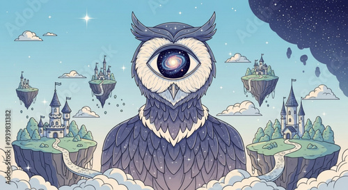 Mystical owl with giant eye surrounded by floating islands and castles in a dreamy fantasy landscape with clouds and stars