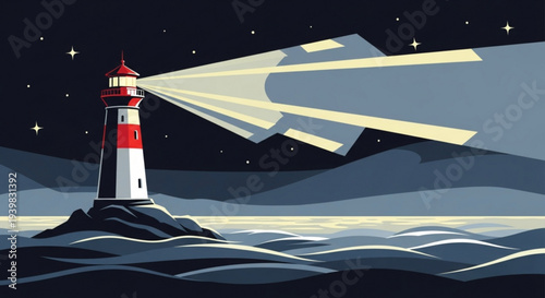 Lighthouse guiding through dark waters at night with red and white tower emitting strong beam of light towards sea