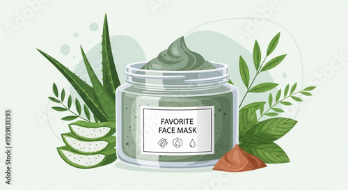 Green face mask in glass jar with aloe vera and leaves natural skincare product illustration beauty and wellness concept soothing facial