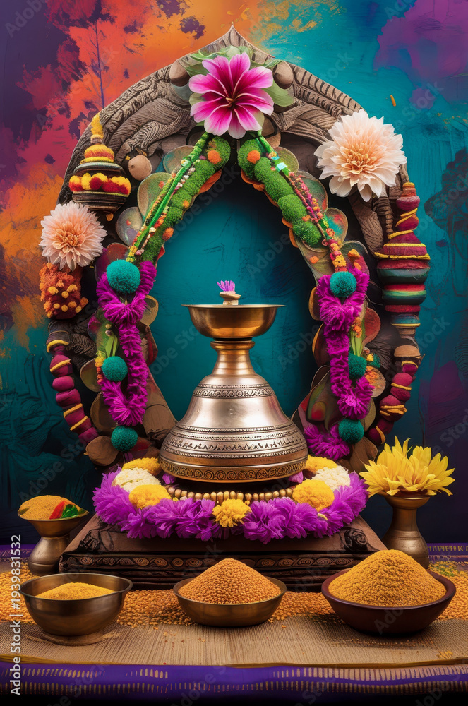 Obraz premium Traditional Indian New Year Vishu festival in Kerala, symbols of Hindu holiday festive AI Generative