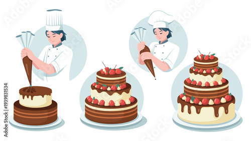 A skilled pastry chef decorates a multi-tiered chocolate cake with drizzled frosting and fresh berries, creating a delightful dessert masterpiece