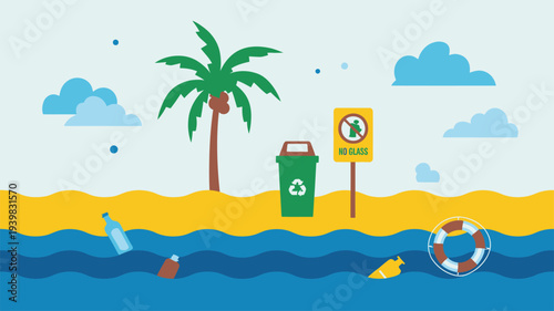 Tropical beach, recycle bin, ocean plastic pollution
