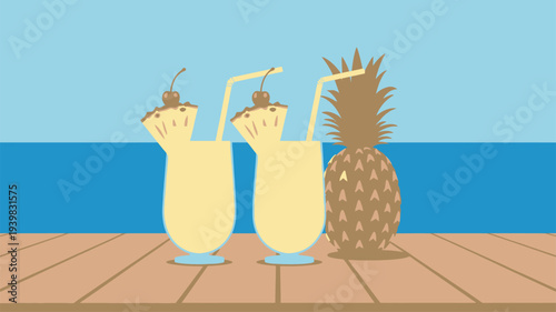 Tropical cocktails pineapple beach vacation