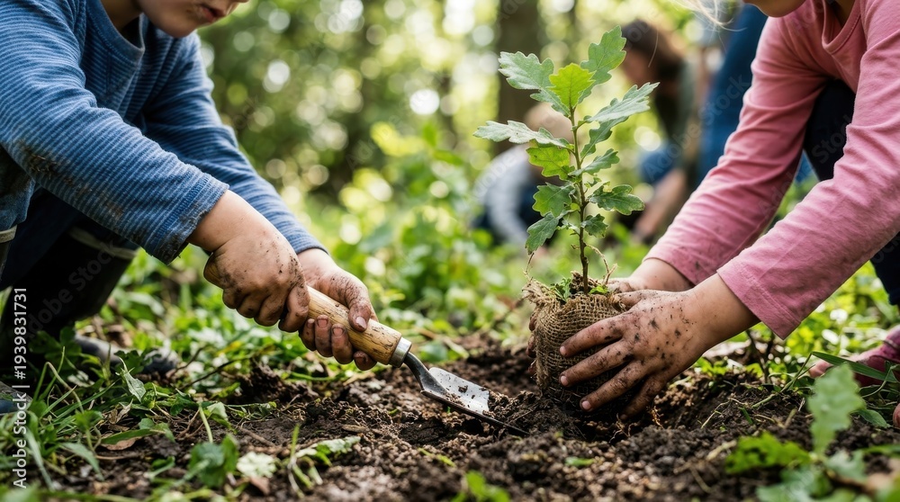 Fototapeta premium Two people planting a tree together in a lush green forest