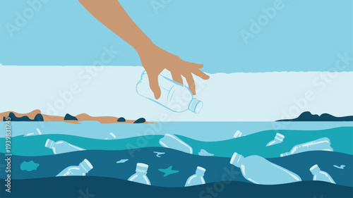 Hand dropping plastic bottle pollutes ocean flat illustration