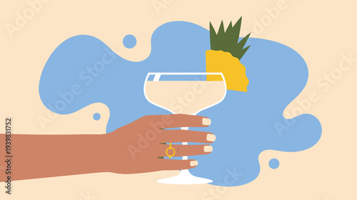Hand holding cocktail pineapple drink illustration