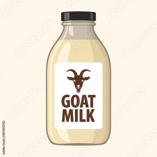 A cute cartoon illustration of a glass bottle containing fresh goat milk, complete with a label featuring a stylized goat head, representing a wholesome and natural dairy beverage