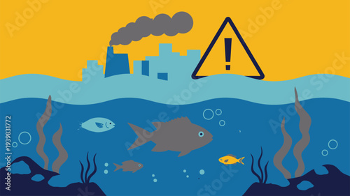 Industrial water pollution, smoking factory, fish, warning symbol
