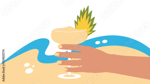Hand holding tropical cocktail beach waves sand