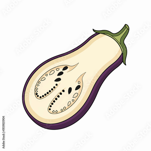Digital illustration of a fresh purple eggplant (aubergine) sliced lengthwise, revealing its creamy white flesh and numerous small black seeds against a clean white background.