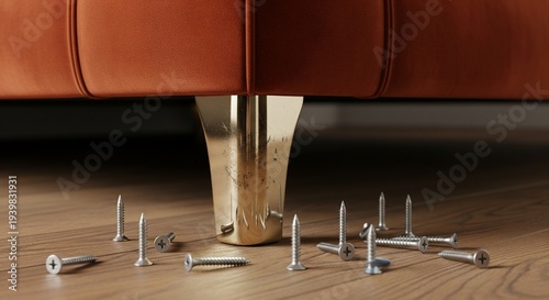 Close-up of a luxurious burnt orange velvet sofa leg with golden accents, surrounded by scattered screws on a polished wooden floor, concept of furniture assembly or repair, interior design mockup