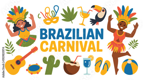 Brazilian Carnival celebration illustration featuring festive dancers, music, and tropical elements, perfect for vibrant event promotion and cultural themes