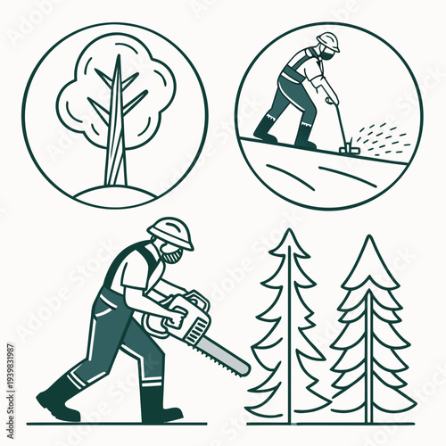 Lumberjack cutting down trees with chainsaw in forest