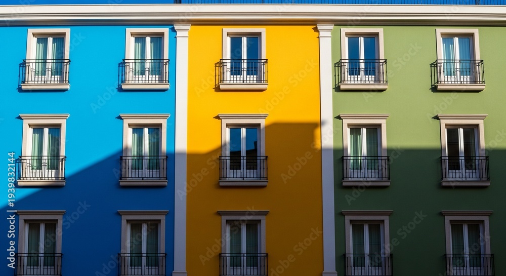 Obraz premium Colorful Building Facade with Windows and Balconies, Modern Architecture Photography with Vibrant Blue, Yellow, and Green Sections, Urban Exterior Design for Real Estate and Travel Concepts