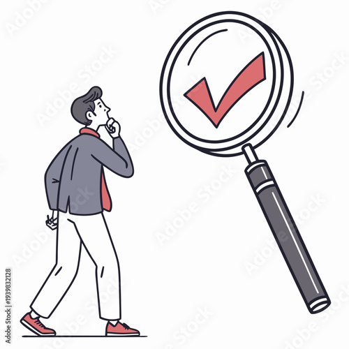 Businessman searching for solutions with magnifying glass and checkmark