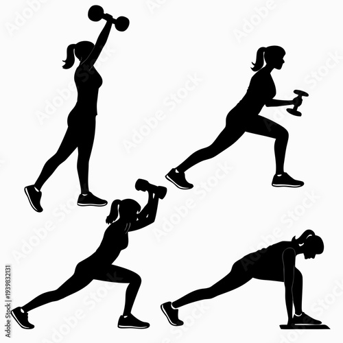Silhouette of woman engaging in various exercises with dumbbells