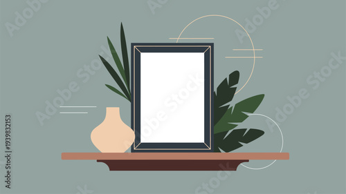 Shelf with vase and blank frame tropical plants