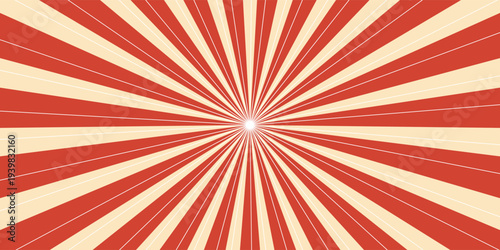 Retro red background with vintage circus sunburst. Psychedelic colorful swirl poster, abstract pattern in 70s carnival style. Hypnotic sunburst vector illustration.