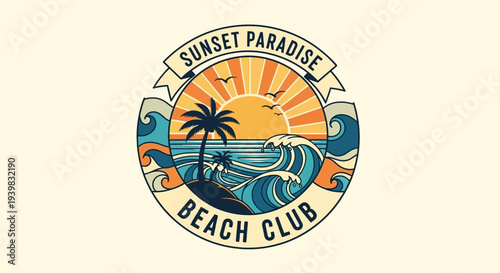 Vibrant Sunset Paradise Beach Club Logo Design with Palm Tree and Waves.