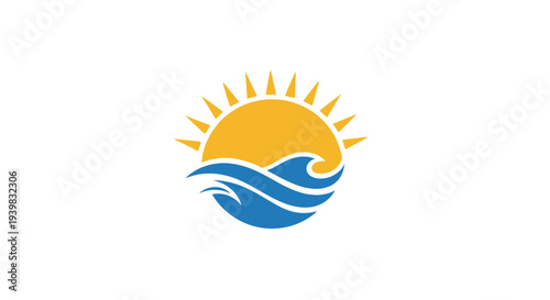 Stylized sun setting over the ocean waves illustration.