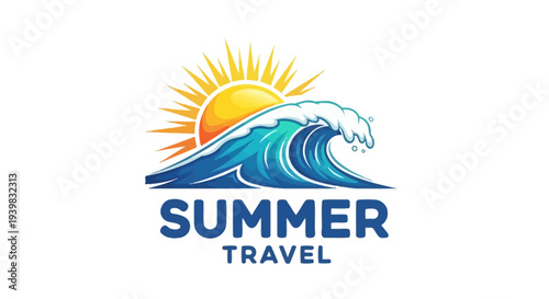 Summer travel logo with wave and sun.