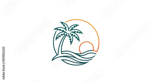 Stylized Palm Tree and Sunset Illustration within a Circle.