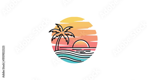Tropical beach scene with palm tree and sunset.