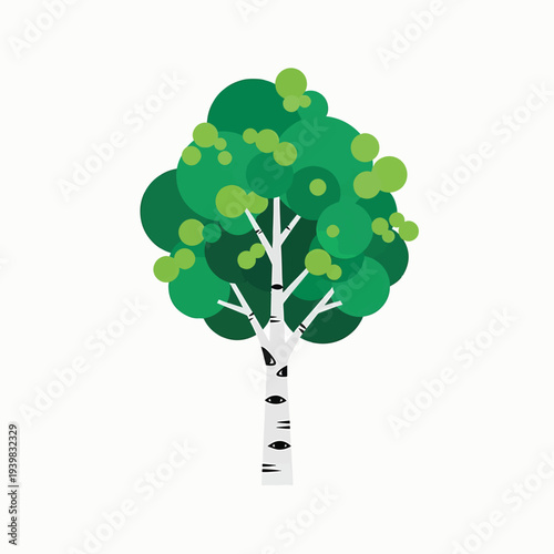 Stylized birch tree illustration featuring a white trunk with black markings and a vibrant green canopy formed by layered circles, on a white background.
