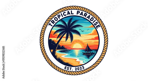 Tropical Paradise Logo with Palm Tree and Sunset.