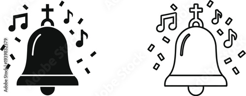 Church bells ringing with music notes isolated on transparent background, Vector