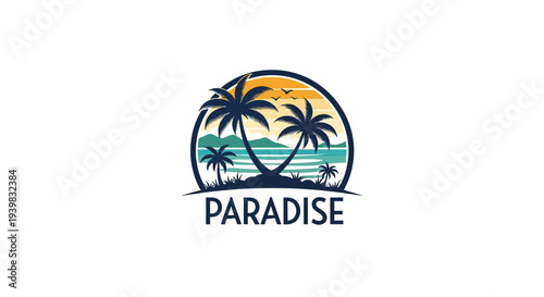 Tropical Paradise Logo with Palm Trees and Sunset.