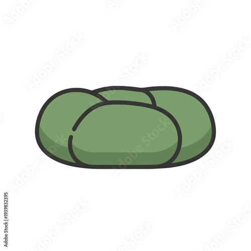 A simple, cartoon-style illustration of a rolled green sleeping bag or blanket with black outlines, set against a plain white background.