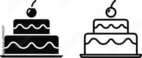 Black and white cake icons with cherries on top isolated on transparent background, Vector