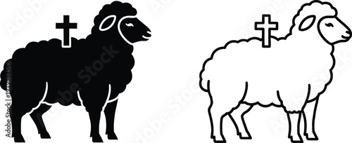 Sheep with cross icon black and white isolated on transparent background, Vector