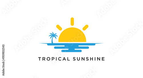 Tropical sunshine logo with palm tree and ocean waves.