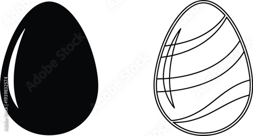Black and white eggs simple line art isolated on transparent background, Vector