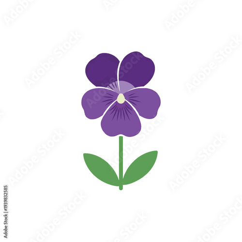A simple vector illustration of a purple pansy flower with green leaves and a stem, set against a clean white background.