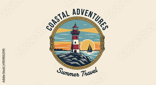 Coastal Adventures Summer Travel Logo with Lighthouse.