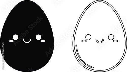 Smiling egg characters black and white isolated on transparent background, Vector
